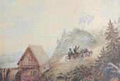 Пейзаж с мельницей и скачущей тройкой. Акварель М. Ю. Лермонтова. 1835 г.